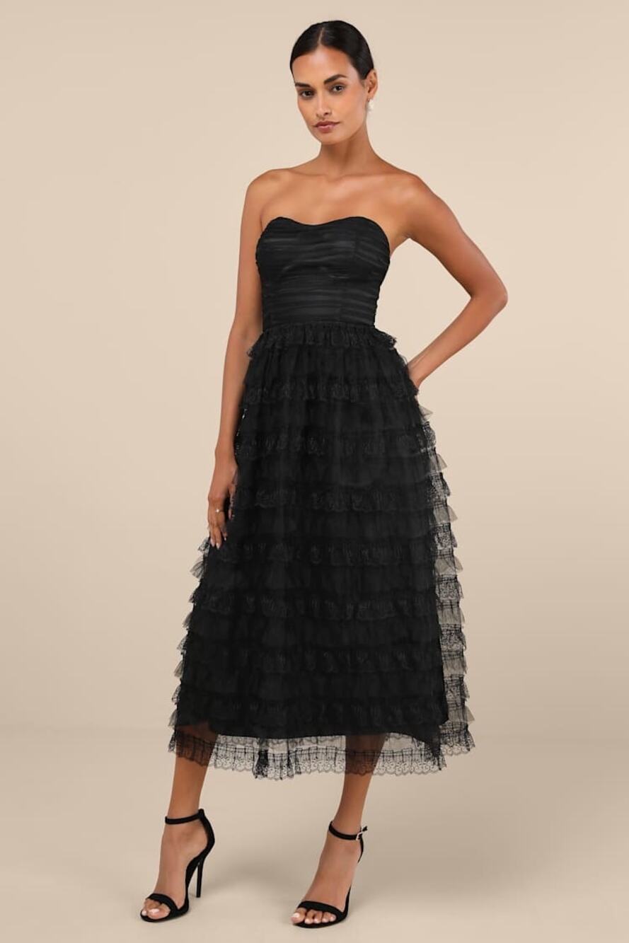 NWT Lulus Immensely Exquisite Black Tulle Strapless Tiered Midi Dress Sz L
